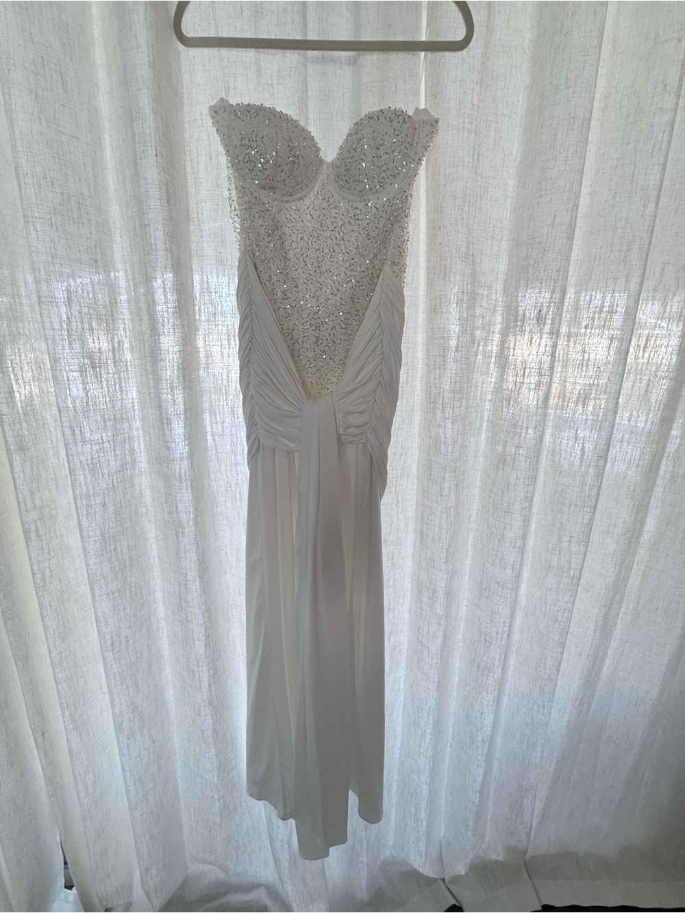 Beaded Strapless White Wedding Gown with Draped Waist